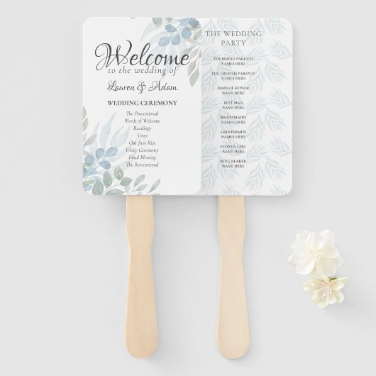 Boho Eucalyptus Stofblauw Trouwprogramma Handwaaier (Voorkant en achterkant)