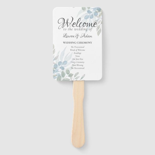 Boho Eucalyptus Stofblauw Trouwprogramma Handwaaier (Voorkant)