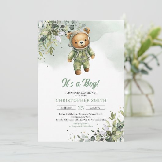 Boho eucalyptus teddybeer astronaut neutraal kaart (Staand voorkant)