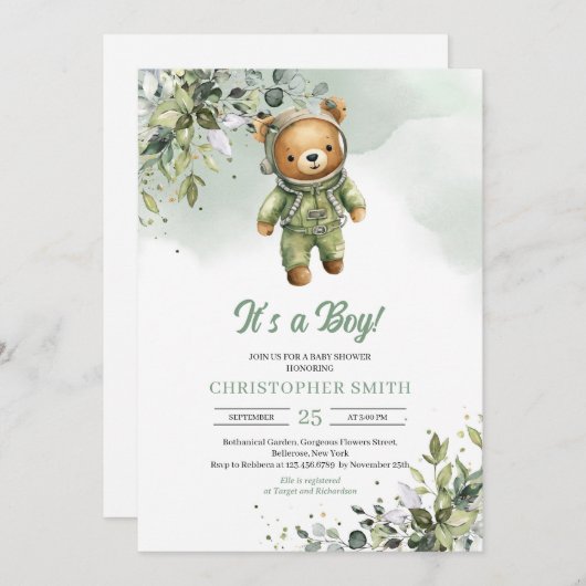 Boho eucalyptus teddybeer astronaut neutraal kaart (Voorkant / Achterkant)