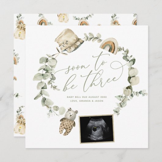 Boho Eucalyptus Three Ultrasound Zwangerschap Aankondiging (Voorkant / Achterkant)