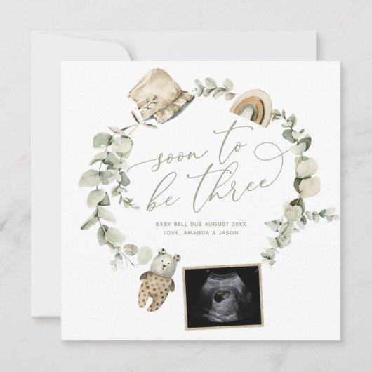 Boho Eucalyptus Three Ultrasound Zwangerschap Aankondiging (Voorkant)