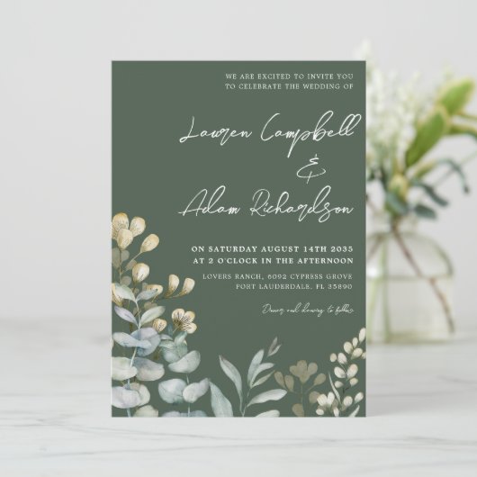 Boho Eucalyputus Dark Green Botanical Weddenschap Kaart (Staand voorkant)