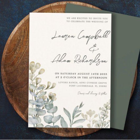 Boho Eucalyputus Sage & Beige Wedding Kaart
