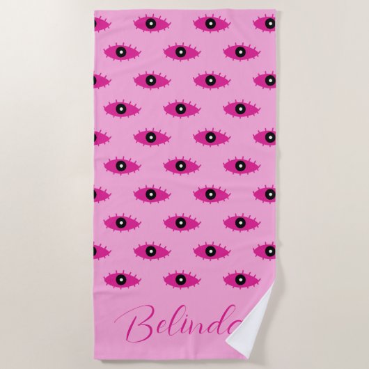 BOHO Evil Eyes Handgeschreven Naam Roze Strandlaken (Voorkant)