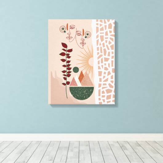 Boho Faces – Moderne abstrakte Wandkunst in warmen Canvas Afdruk (Insitu (Houten vloer))