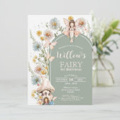 BOHO Fairy 1st Birthday Invitation Wildflower Sage Kaart (Staand voorkant)