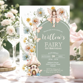 BOHO Fairy 1st Birthday Invitation Wildflower Sage Kaart