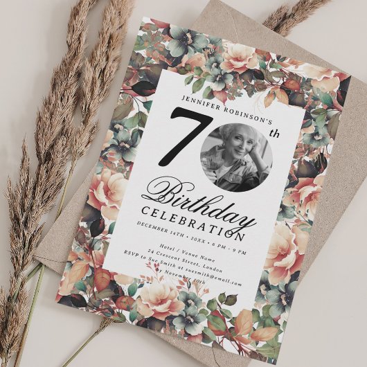 Boho Fall Floral Garden Photo 70th Birthday Kaart