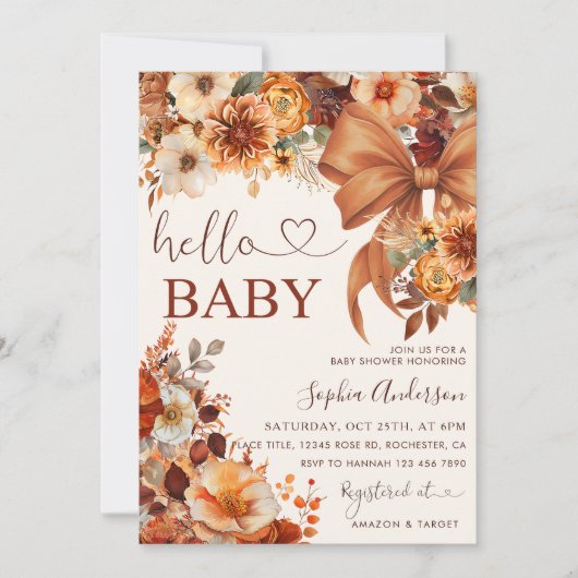 Boho Fall Floral Hello Baby Baby Shower Party Kaart (Voorkant)