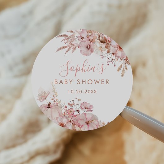 Boho Fall Floral Pumpkin Baby Shower Ronde Sticker
