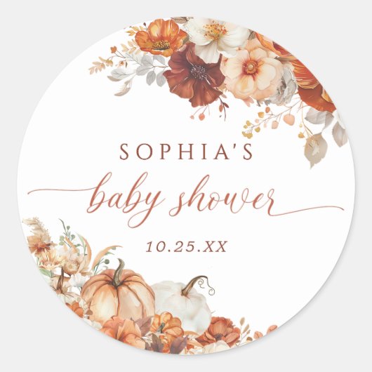 Boho Fall Floral Pumpkin Baby Shower  Ronde Sticker (Voorkant)