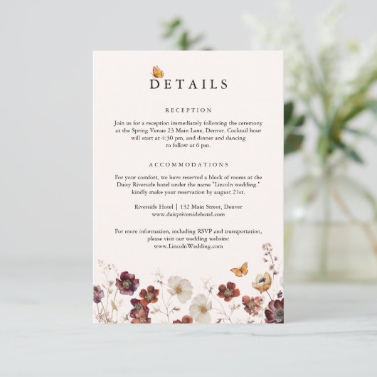 Boho Fall Florals Butterfly Wedding Informatiekaartje (Staand voorkant)
