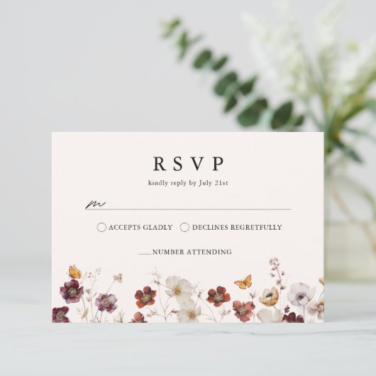 Boho Fall Florals Butterfly Wedding RSVP Kaartje (Staand voorkant)