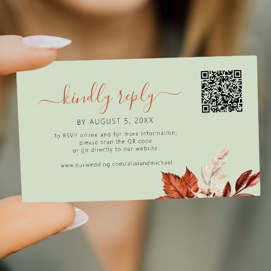 Boho fall foliage sage green wedding online rsvp informatiekaartje
