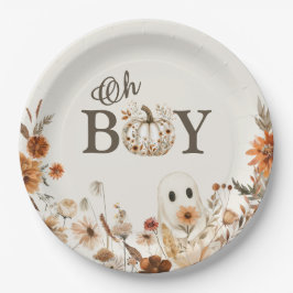 Boho Fall Ghost Floral Oh Boy Baby Shower  Papieren Bordje