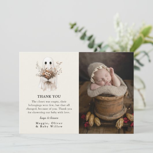 Boho Fall Ghost Wildflower Baby Shower  Bedankkaart (Staand voorkant)
