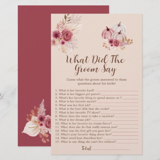 Boho Fall Pumpkin What Did The Groom Say Game (Voorkant / Achterkant)