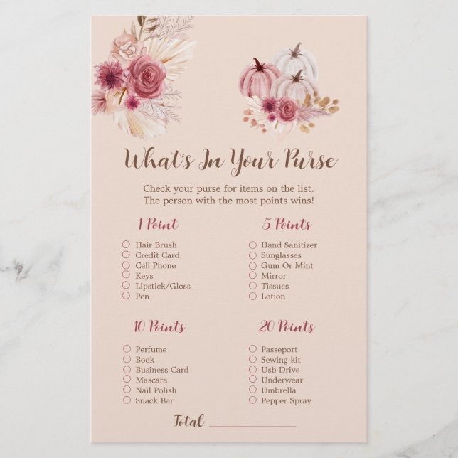 Boho Fall Pumpkin What's In Your Purse Bridal Game (Voorkant)