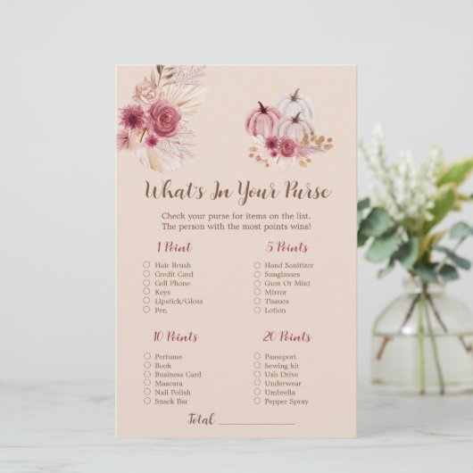 Boho Fall Pumpkin What's In Your Purse Bridal Game (Staand voorkant)