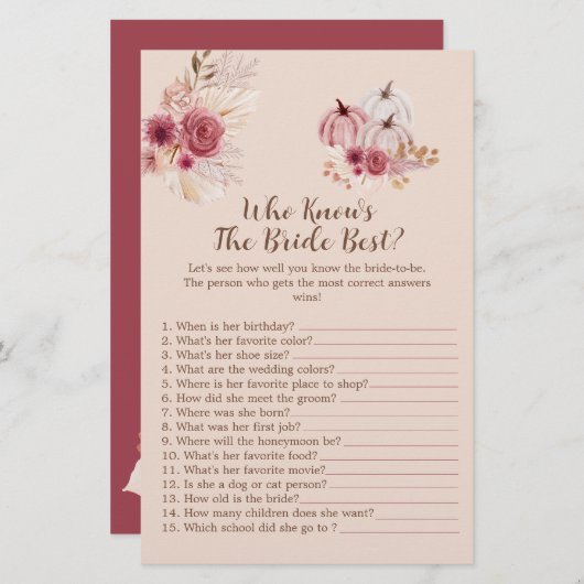 Boho Fall Pumpkin Who Knows The Bride Best Game (Voorkant / Achterkant)