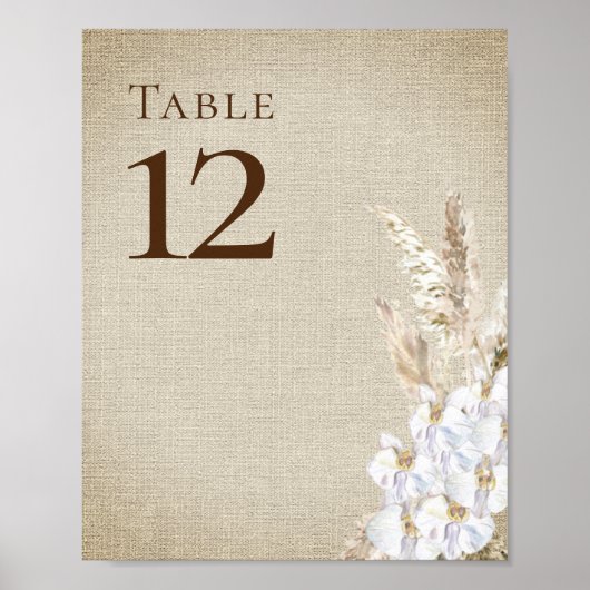 Boho Fall Wedding Pampas Grass Simple Table Number Poster (Voorkant)