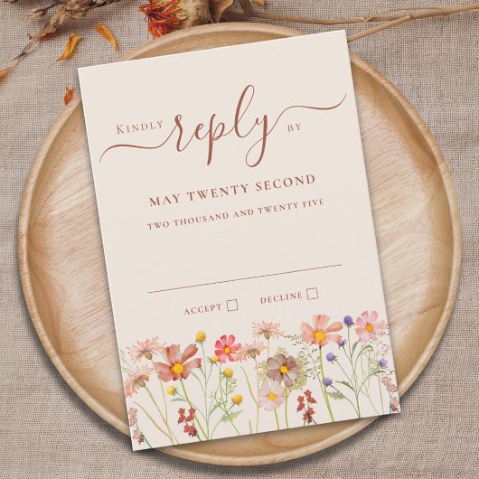 Boho Fall Wildflower Beige Terracotta Rust Wedding RSVP Kaartje