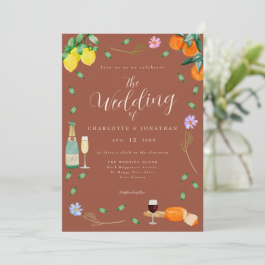 Boho Fall Wildflower Citrus Terracotta Wedding Kaart (Staand voorkant)