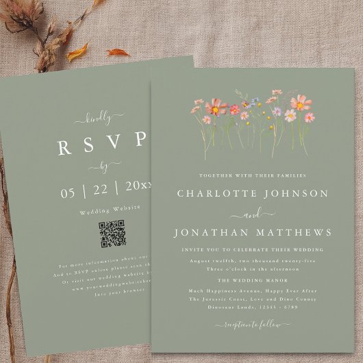 Boho Fall Wildflower Sage Green Wedding QR Code Kaart
