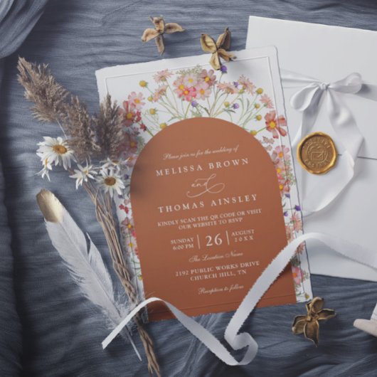 Boho Fall Wildflower Terracotta QR Code Wedding Kaart
