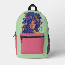 Boho Fantasy Vrouw met Bloemen Haar Bedrukte Rugzak