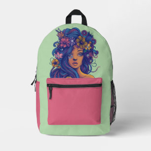 Boho Fantasy Vrouw met Bloemen Haar Bedrukte Rugzak