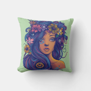 Boho Fantasy Vrouw met Bloemen Haar Kussen