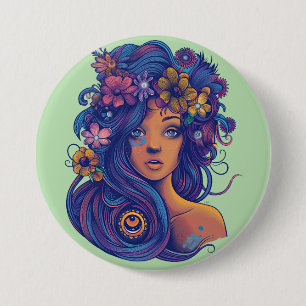 Boho Fantasy Vrouw met Bloemen Haar Ronde Button 7,6 Cm