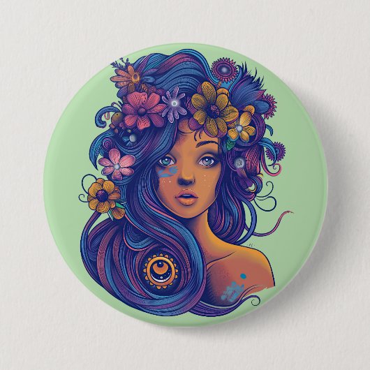 Boho Fantasy Vrouw met Bloemen Haar Ronde Button 7,6 Cm (Voorkant)