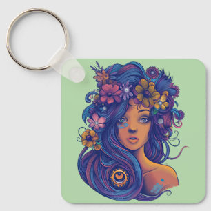 Boho Fantasy Vrouw met Bloemen Haar Sleutelhanger