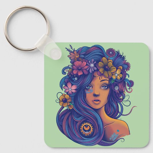 Boho Fantasy Vrouw met Bloemen Haar Sleutelhanger (Voorkant)