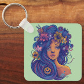 Boho Fantasy Vrouw met Bloemen Haar Sleutelhanger (Voorkant)