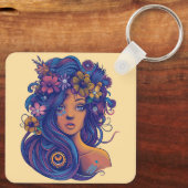 Boho Fantasy Vrouw met Bloemen Haar Sleutelhanger (Achterkant)