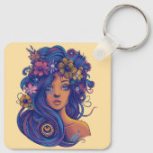 Boho Fantasy Vrouw met Bloemen Haar Sleutelhanger (Achterkant)
