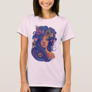 Boho Fantasy Vrouw met Bloemen Haar T-shirt