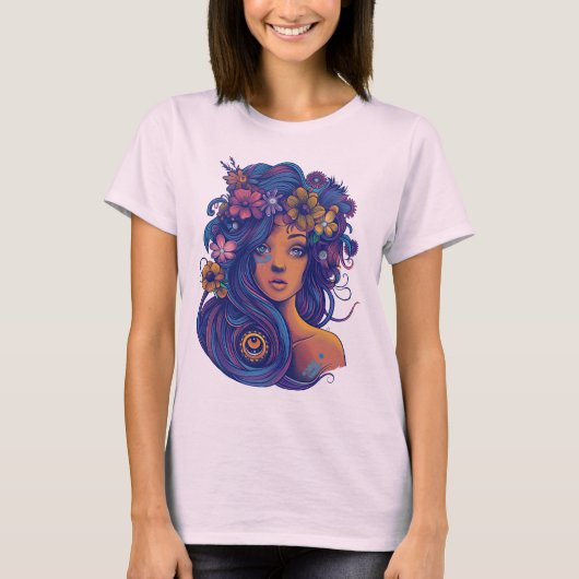 Boho Fantasy Vrouw met Bloemen Haar T-shirt (Voorkant)