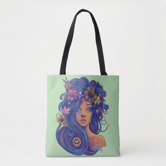 Boho Fantasy Vrouw met Bloemen Haar Tote Bag (Voorkant)