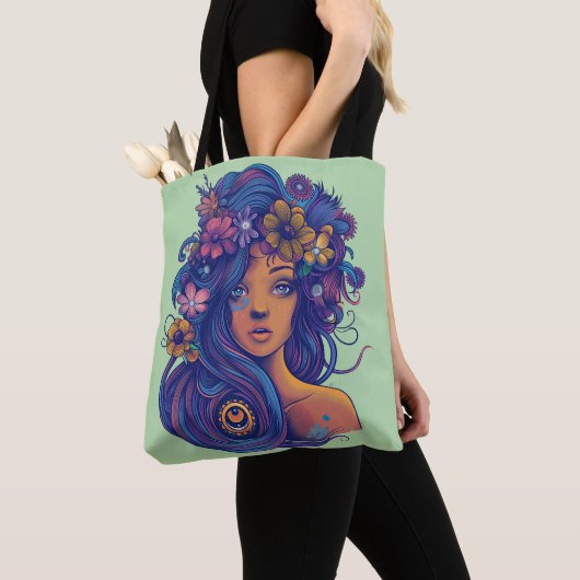 Boho Fantasy Vrouw met Bloemen Haar Tote Bag (Dichtbij)