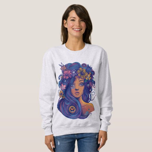 Boho Fantasy Vrouw met Bloemen Haar Trui (Voorkant volledig)