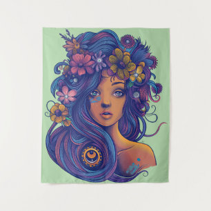 Boho Fantasy Vrouw met Bloemen Haar Wandkleed