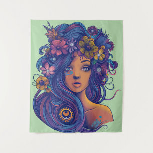 Boho Fantasy Vrouw met Bloemen Haar Wandkleed
