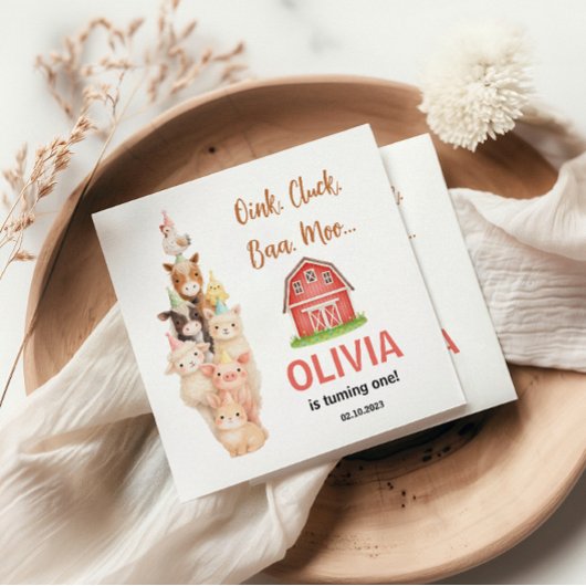 Boho Farm Animal 1st Birthday |Cute Rustic Barnyad Servet