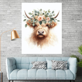 Boho Farmhouse Koeienprint met Bloemenkroon Poster