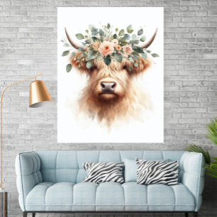 Boho Farmhouse Koeienprint met Bloemenkroon Poster